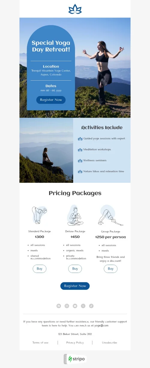 Day of Yoga email template "Yoga Day retreat" for sports industry