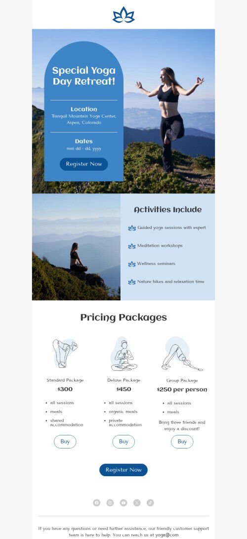 Modello di email per la Giornata dello Yoga "Ritiro per la Giornata dello Yoga" per il settore dello sport Visualizzazione mobile