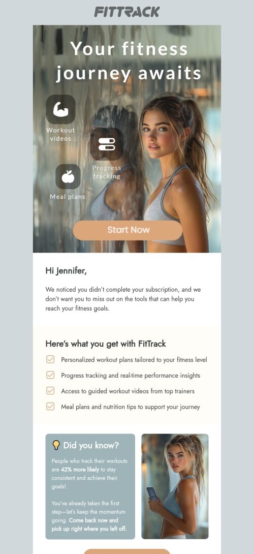 Modello di email per abbonamento abbandonato "Il tuo percorso verso la forma fisica ti aspetta" per il settore delle applicazioni mobili Visualizzazione mobile