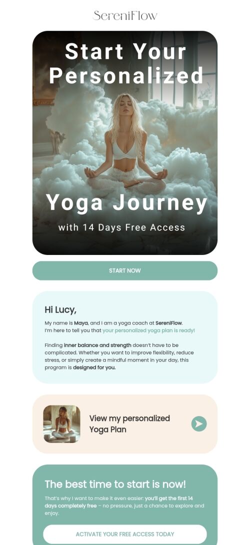 E-Mail-Vorlage für abgebrochene Abonnements "Persönliche Yoga-Reise" für die Branche der mobilen Anwendungen Ansicht auf Mobilgeräten