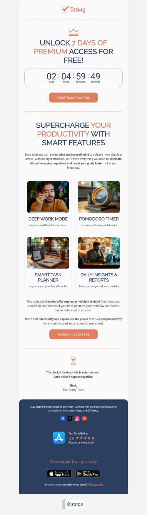Abandoned subscription email template "7 Days of premium" for mobile applications industry desktop view