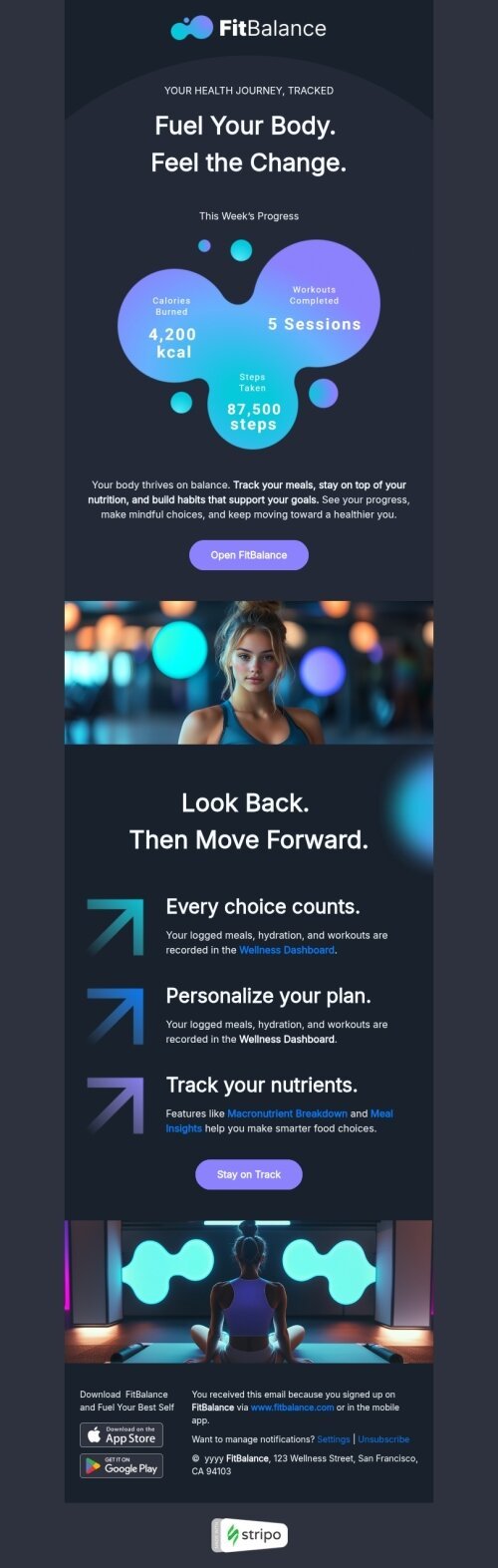 App install email template "Feel the сhange" for mobile applications industry desktop view