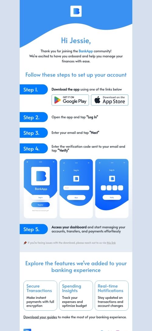 E-Mail-Vorlage für App-Installation "Ihr Banking-Erlebnis" für die Branche der mobilen Anwendungen Ansicht auf Mobilgeräten