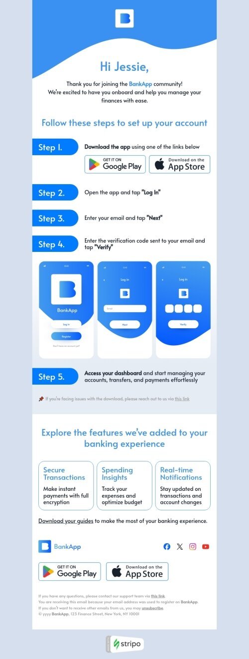 Шаблон письма «Ваш незабываемый банковский сервис» тематики установка приложения для индустрии «Мобильные приложения» мобильный вид