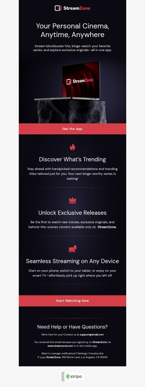 App install email template "Your personal cinema" for mobile applications industry desktop view