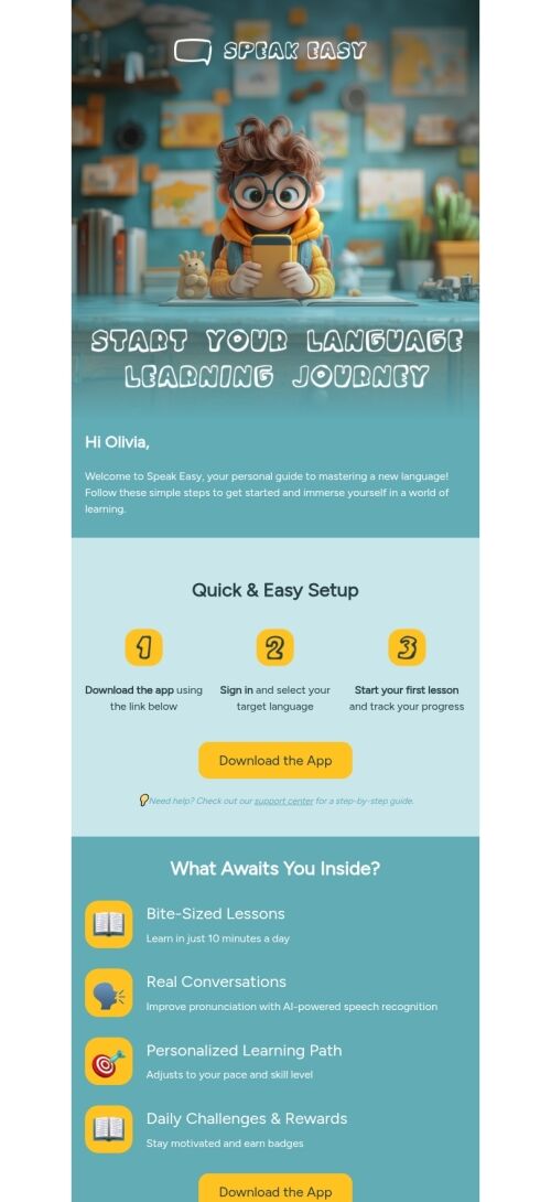 Modelo de e-mail de instalação de aplicação "Jornada de aprendizagem de idiomas" para o setor das aplicações móveis Visualização de dispositivo móvel