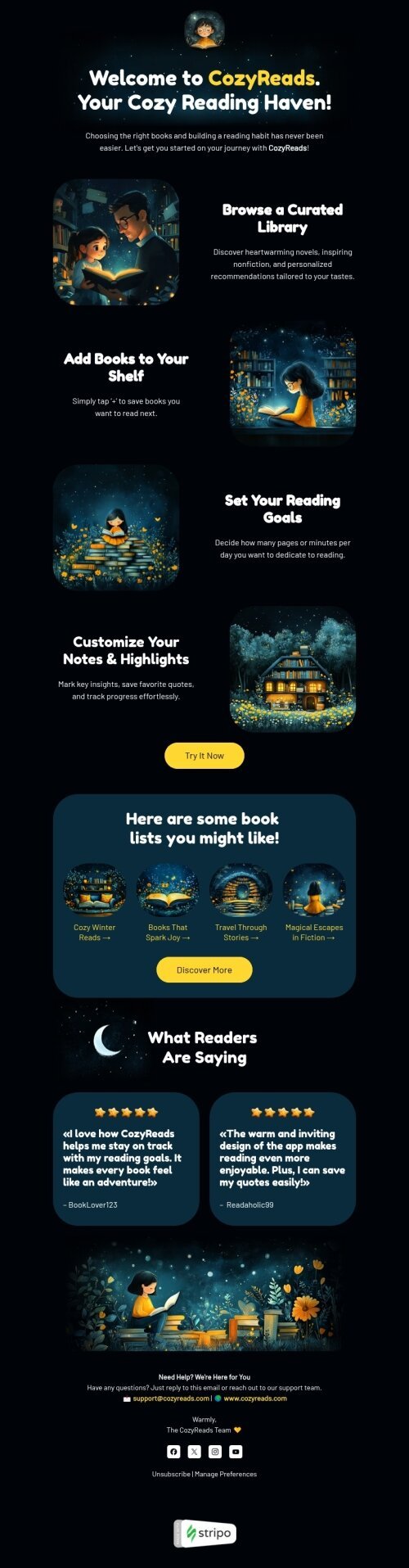 Welcome email template "Cozy reading" for mobile applications industrydesktop view
