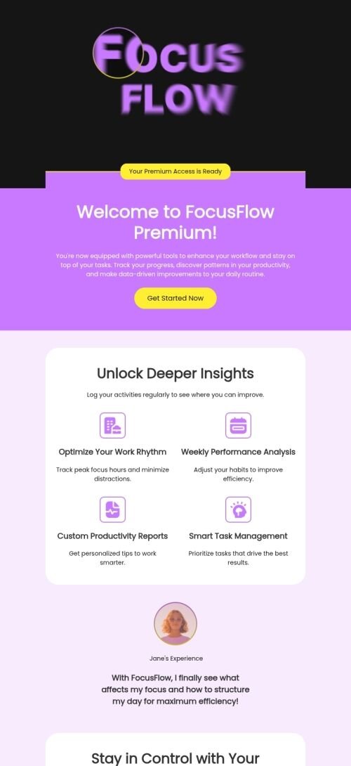 Modello di email di benvenuto "Prendete il controllo della vostra produttività" per il settore delle applicazioni mobili Visualizzazione mobile