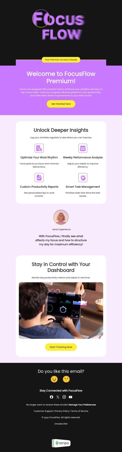 Welcome email template "Take control of your productivity" for mobile applications industrydesktop view