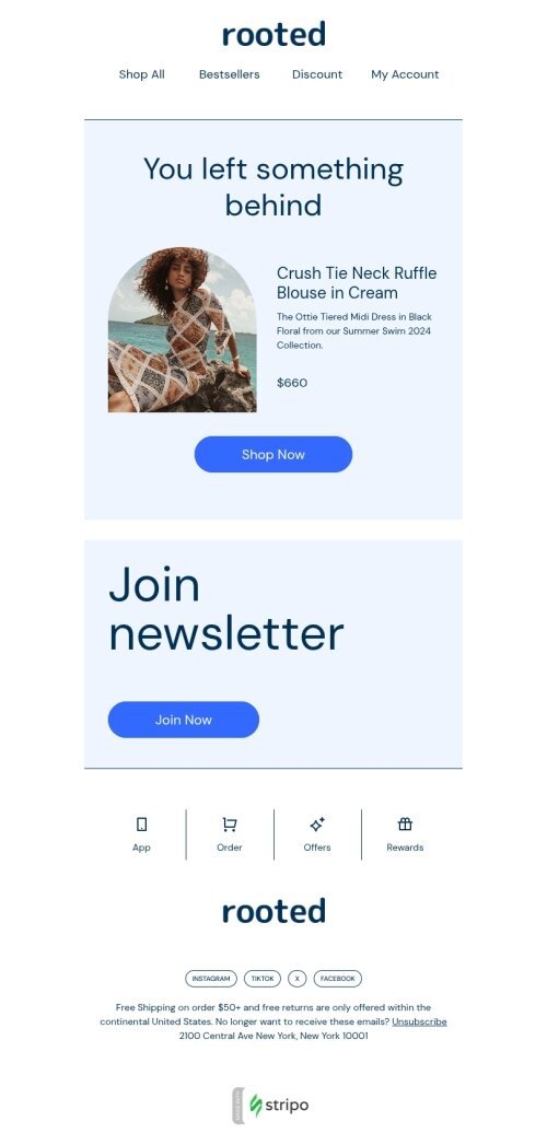 Abandoned cart email template "You left something behind" for fashion industry mobile view