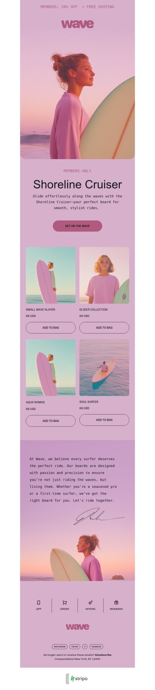 Promo email template "Shoreline Cruiser" for hobbies industry mobile view