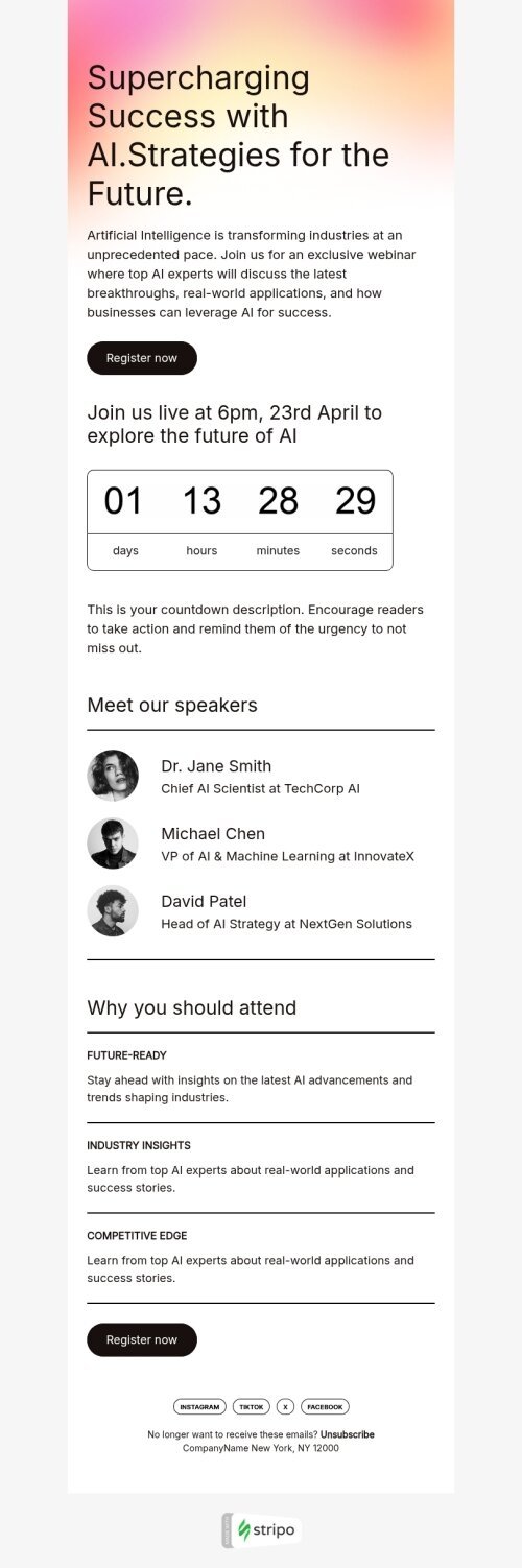 Event reminder email template "Supercharging success with AI" for webinars industrydesktop view