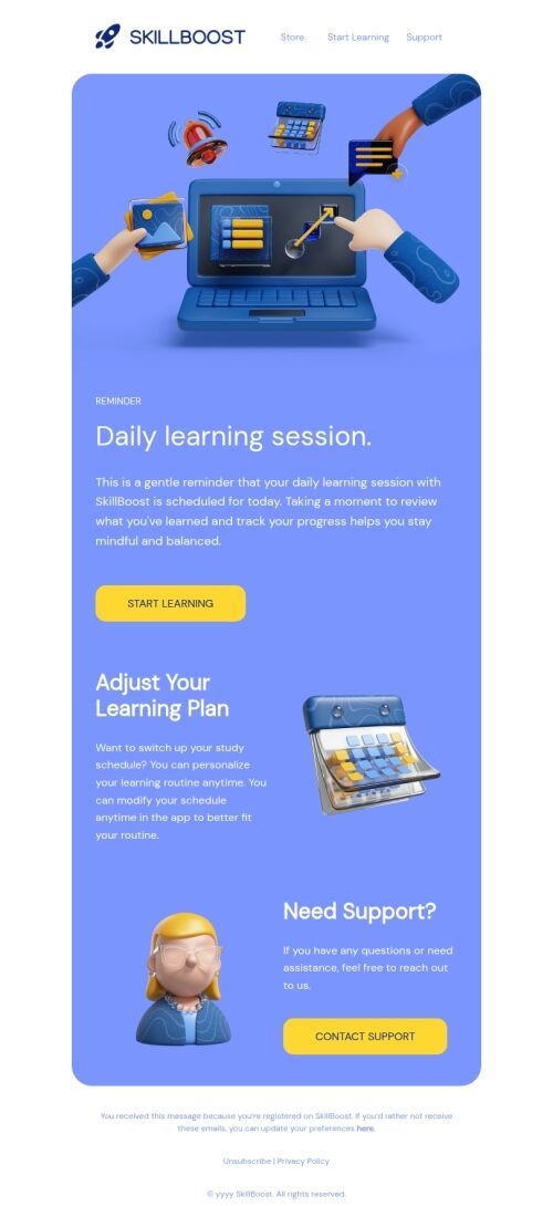 Modello di email di promemoria attività "Sessione di apprendimento quotidiana" per il settore dell'istruzione Visualizzazione mobile