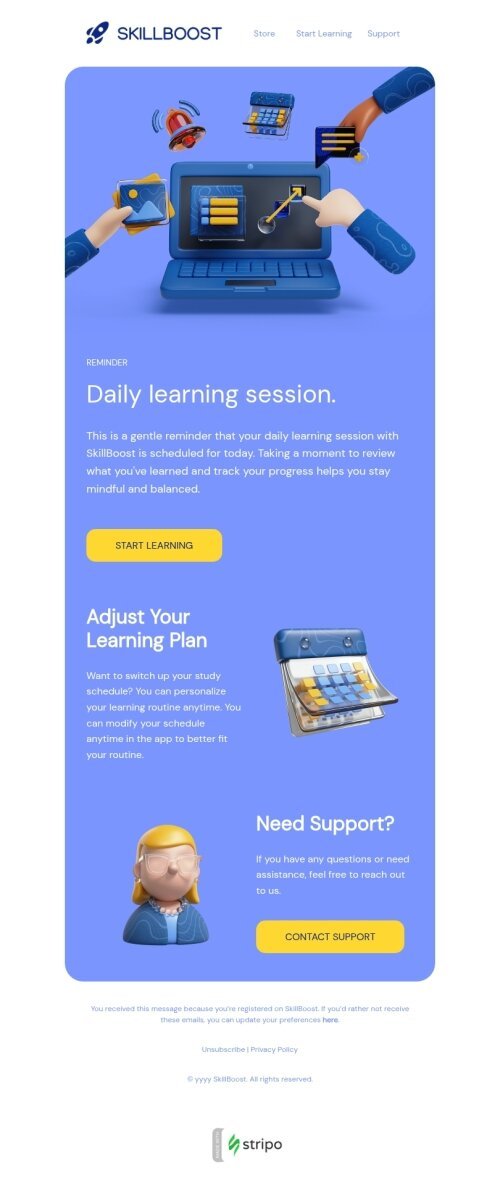 Activity reminder email template "Daily learning session" for education industrydesktop view