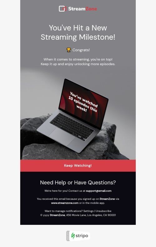 Modèle d'e-mail de célébration d'étape "Nouveau record de streaming" pour l'industrie du cinéma Affichage mobile