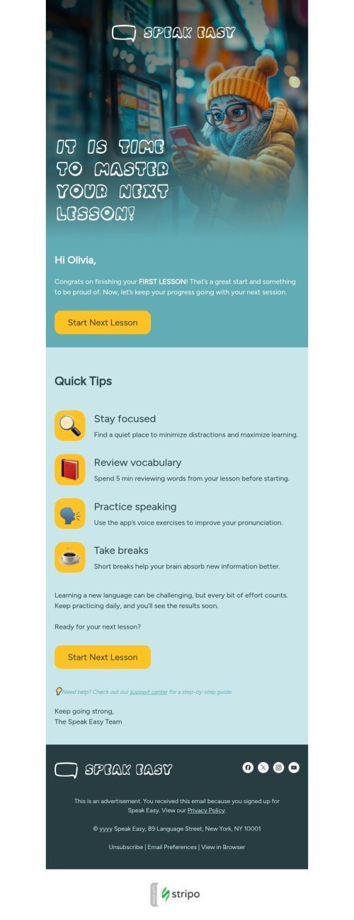 Milestone celebration email template "Start next lesson" for education industry mobile view
