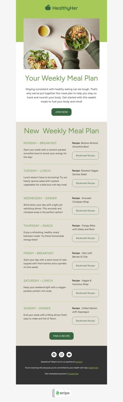 Streifenpflege E-Mail-Vorlage «Wöchentlicher Speiseplan» für Essen-Branche Ansicht auf Mobilgeräten