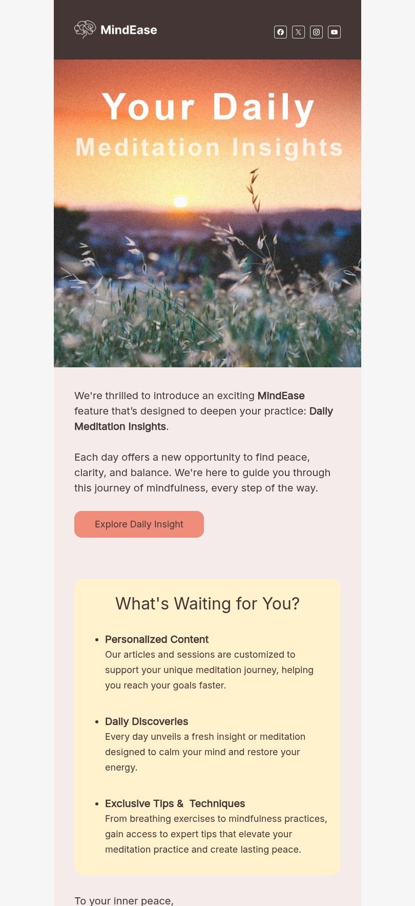 Modello di email di scoperta dei contenuti "Le vostre osservazioni quotidiane sulla meditazione" per il settore della salute e del benessere Visualizzazione mobile
