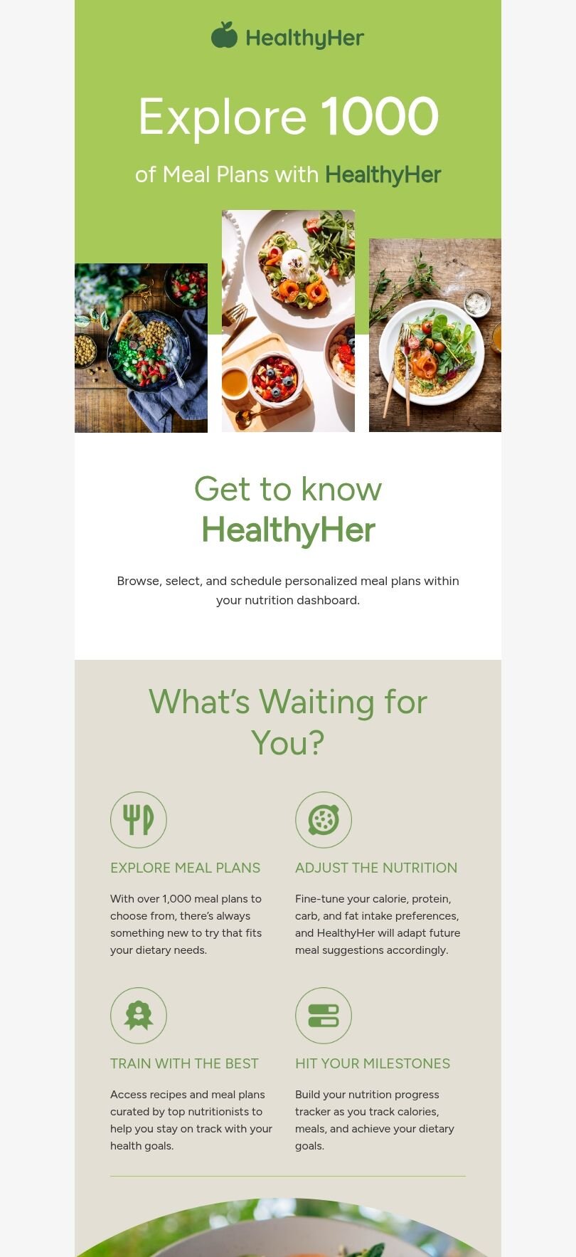Modello di email di scoperta dei contenuti "Piani alimentari" per il settore alimentare Visualizzazione mobile