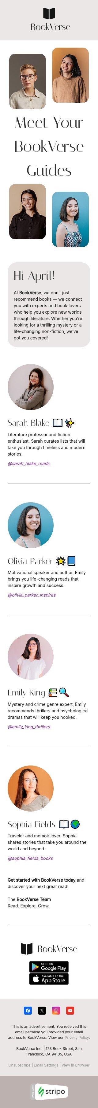 Plantilla de correo electrónico «Conoce a tus guías» de adopción de características para la industria de libros y regalos y papelería Vista de móvil