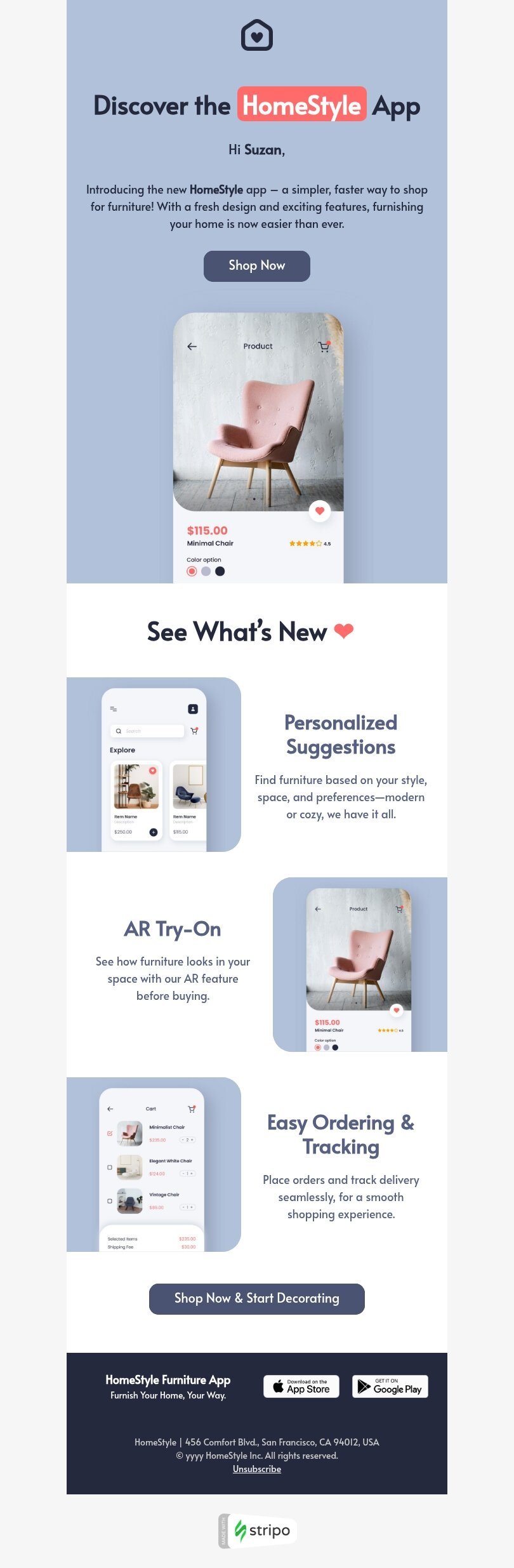 Modèle de courrier électronique adoption des fonctionnalités «Découvrez l'application» pour le secteur mobiliers, intérieur & DIY Affichage ordinateur