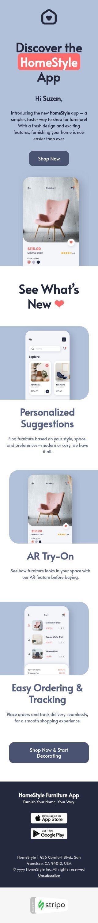 Modèle de courrier électronique adoption des fonctionnalités «Découvrez l'application» pour le secteur mobiliers, intérieur & DIY Affichage mobile