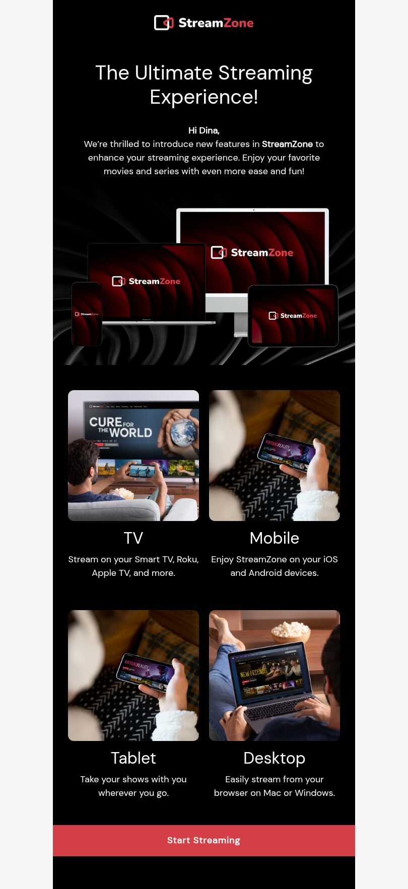 Modello di email di adozione delle funzionalità "Esperienza di streaming" per il settore cinematografico Visualizzazione mobile