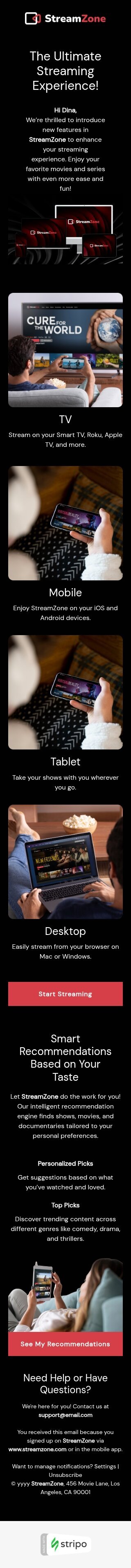 Modello email adozione delle funzionalità «Esperienza di streaming» per il settore industriale di film Visualizzazione mobile