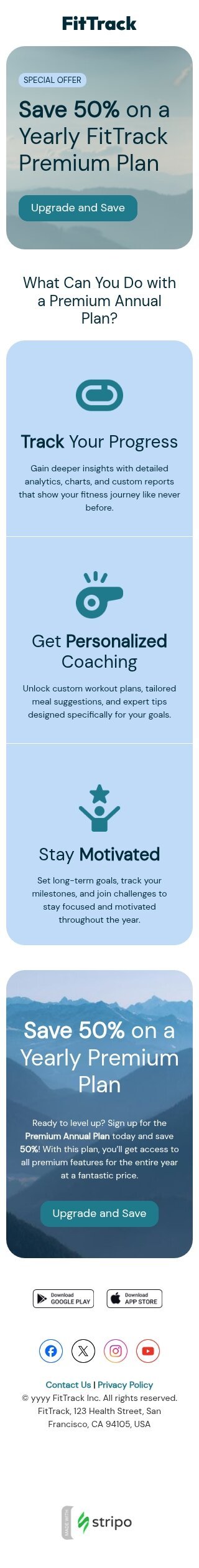 Annual plans upsell email template "Unlock fitness potential" for sports industry mobile view