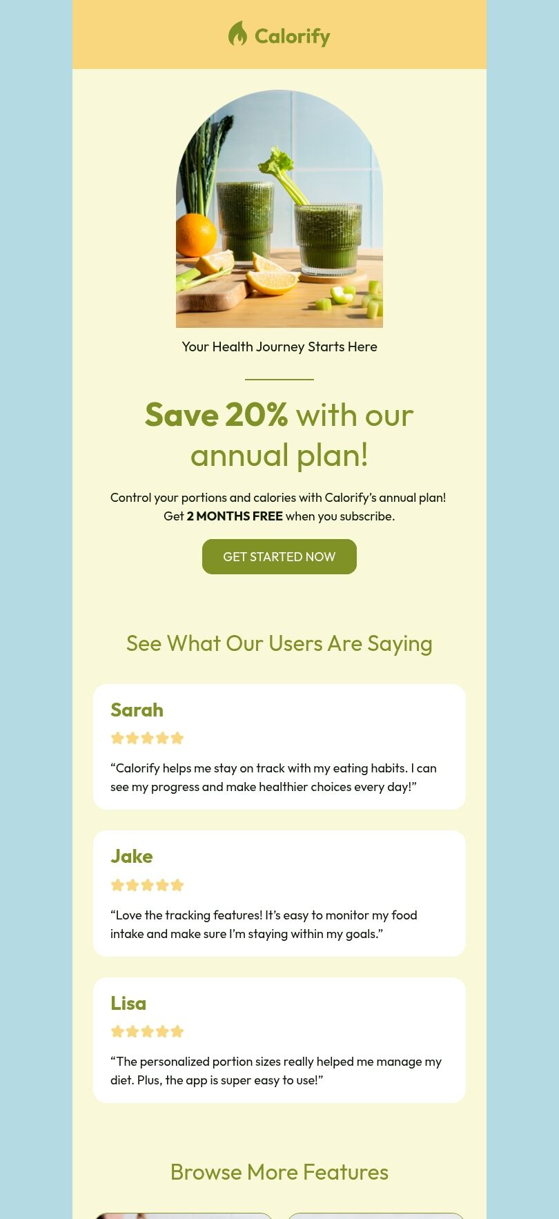 Annual plans upsell email template "Health journey starts" for food industry mobile view