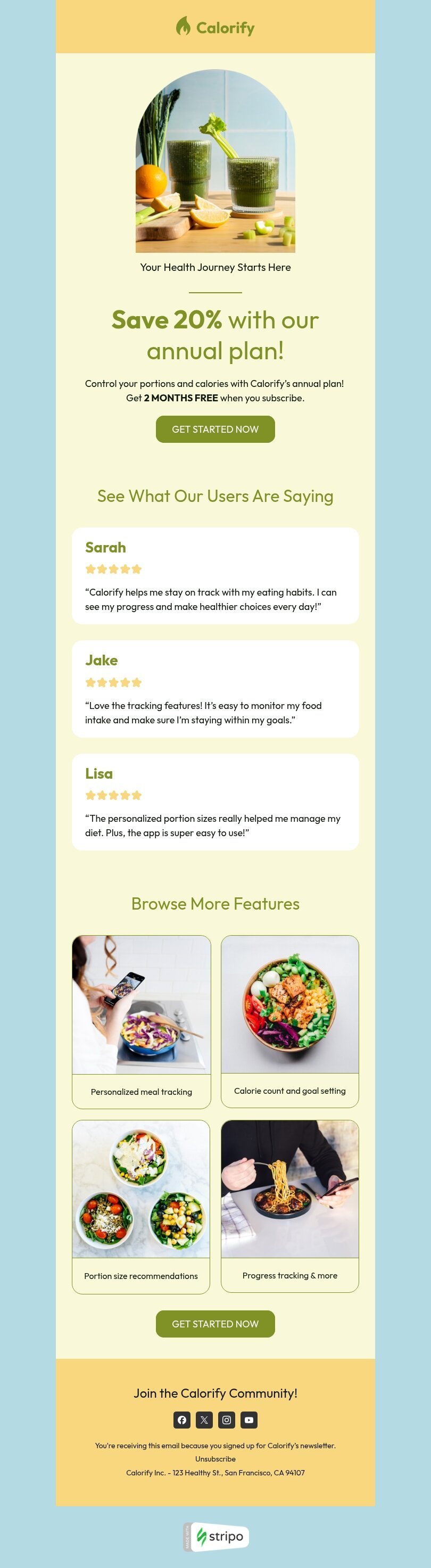 Шаблон письма «Путешествие к здоровью начинается» тематики переход на годовой план для индустрии «Еда» мобильный вид