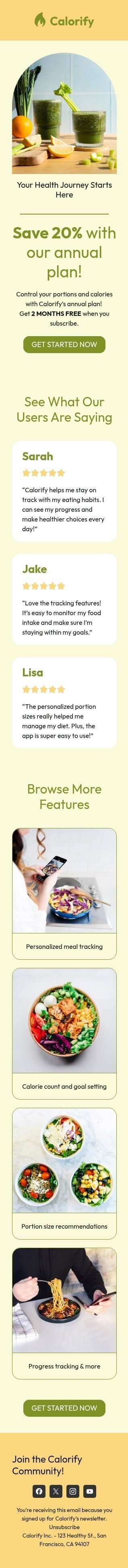 Upselling von Jahresplänen E-Mail-Vorlage «Die Reise zur Gesundheit beginnt» für Essen-Branche Ansicht auf Mobilgeräten