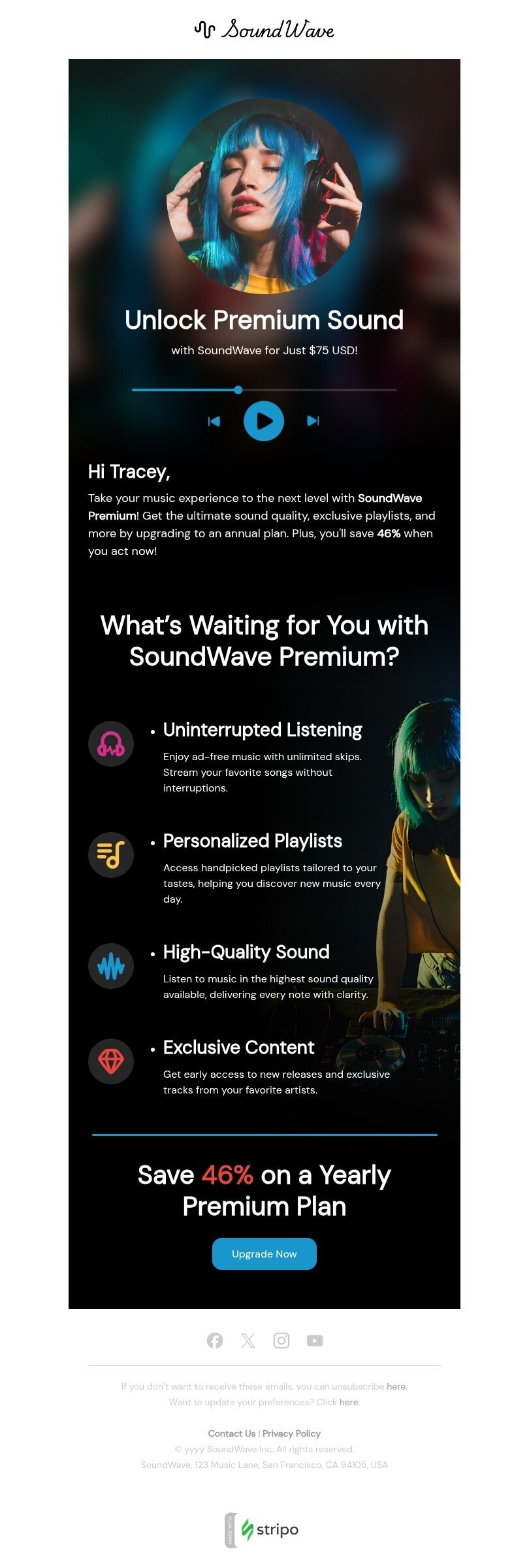 Upselling von Jahresplänen E-Mail-Vorlage «Schalten Sie Premium-Sound frei» für Musik-Branche Desktop-Ansicht