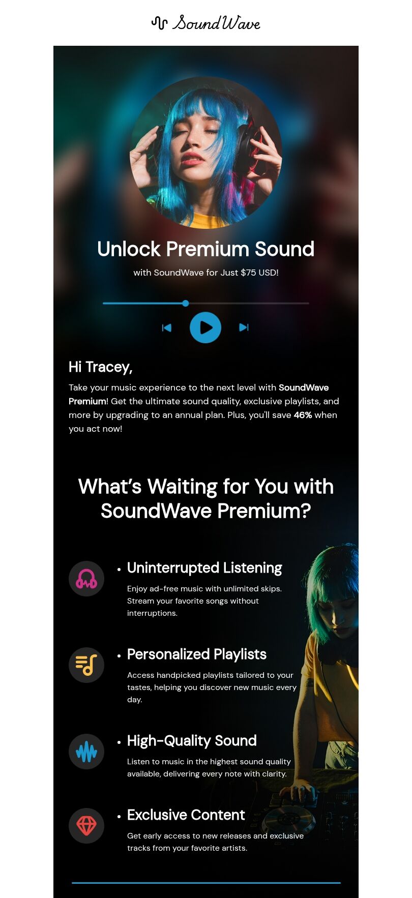Plantilla de correo electrónico de venta adicional de planes anuales "Desbloquea el sonido premium" para la industria de la música Vista de móvil