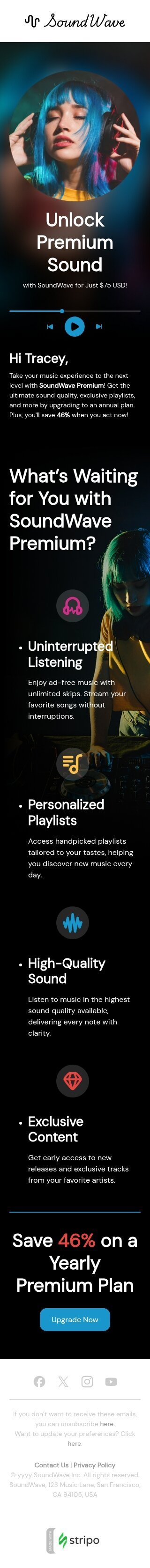 Upselling von Jahresplänen E-Mail-Vorlage «Schalten Sie Premium-Sound frei» für Musik-Branche Ansicht auf Mobilgeräten
