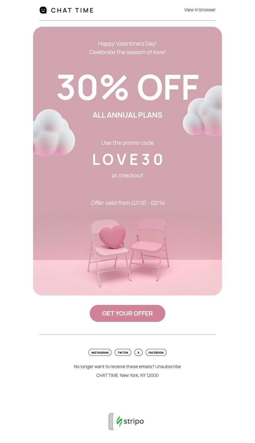 E-Mail-Vorlage zum Valentinstag "Feiern Sie die Saison der Liebe" für die Hobbybranche Ansicht auf Mobilgeräten