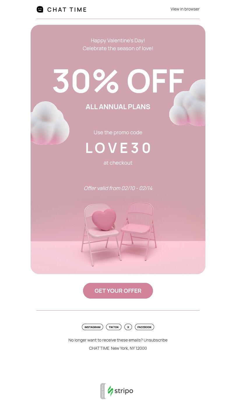Valentine’s Day email template "Celebrate the season of love" for hobbies industrydesktop view