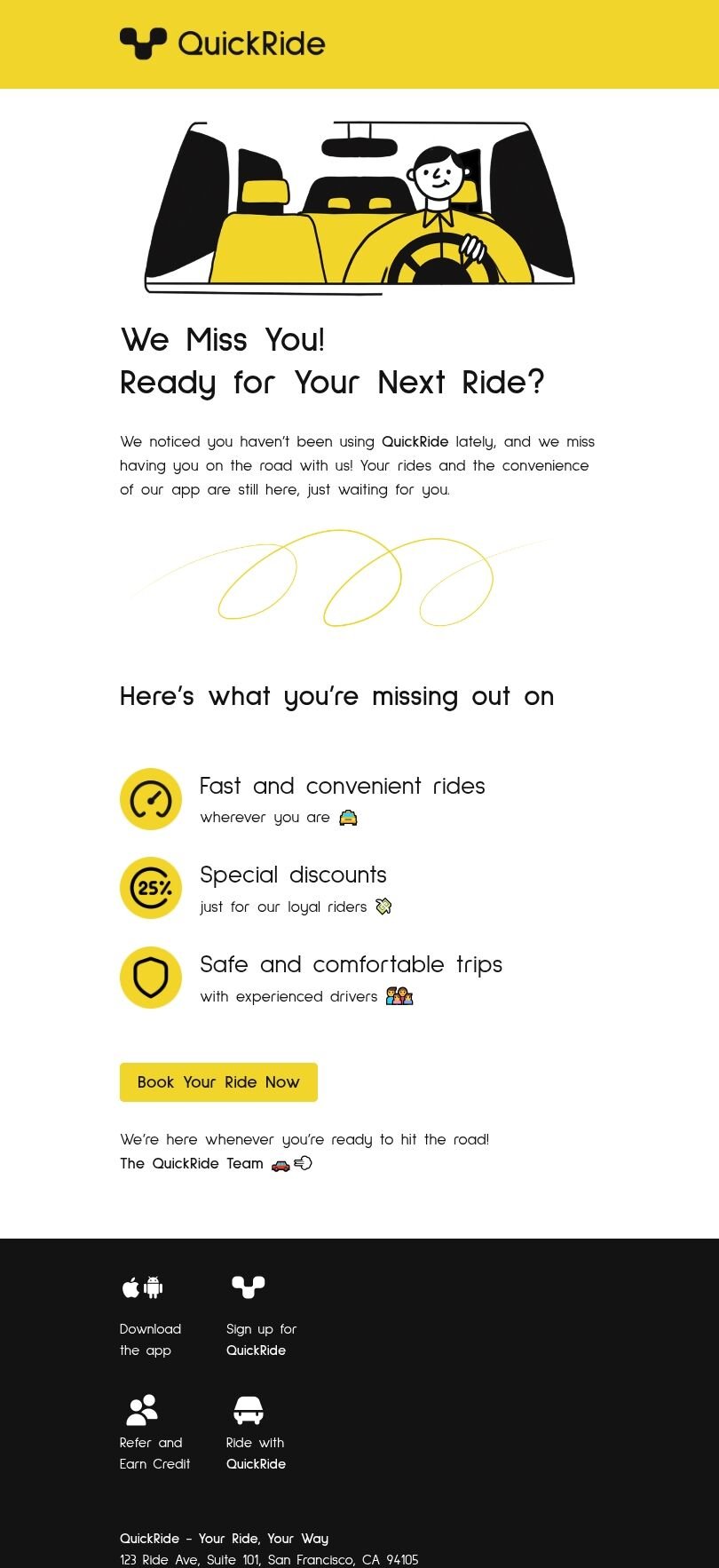 Recently lapsed subscriber outreach email template "Your next ride" for business industry mobile view