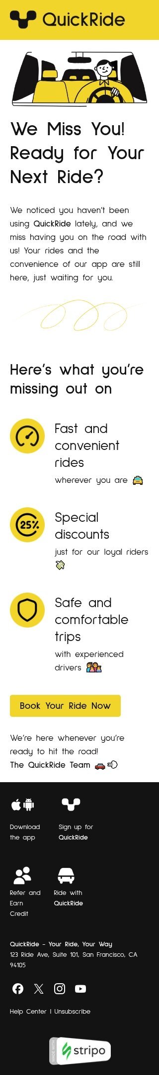 Modello email contatto con gli abbonati recentemente scaduto «La tua prossima corsa» per il settore industriale di commercio Visualizzazione mobile