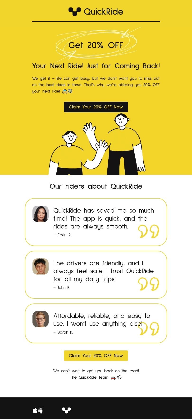 Recently lapsed subscriber outreach email template "Best rides in town" for business industry mobile view