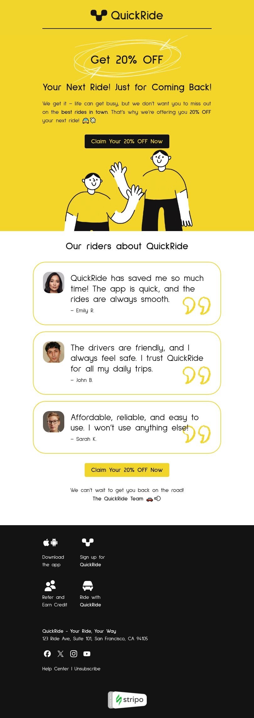Recently lapsed subscriber outreach email template "Best rides in town" for business industry mobile view