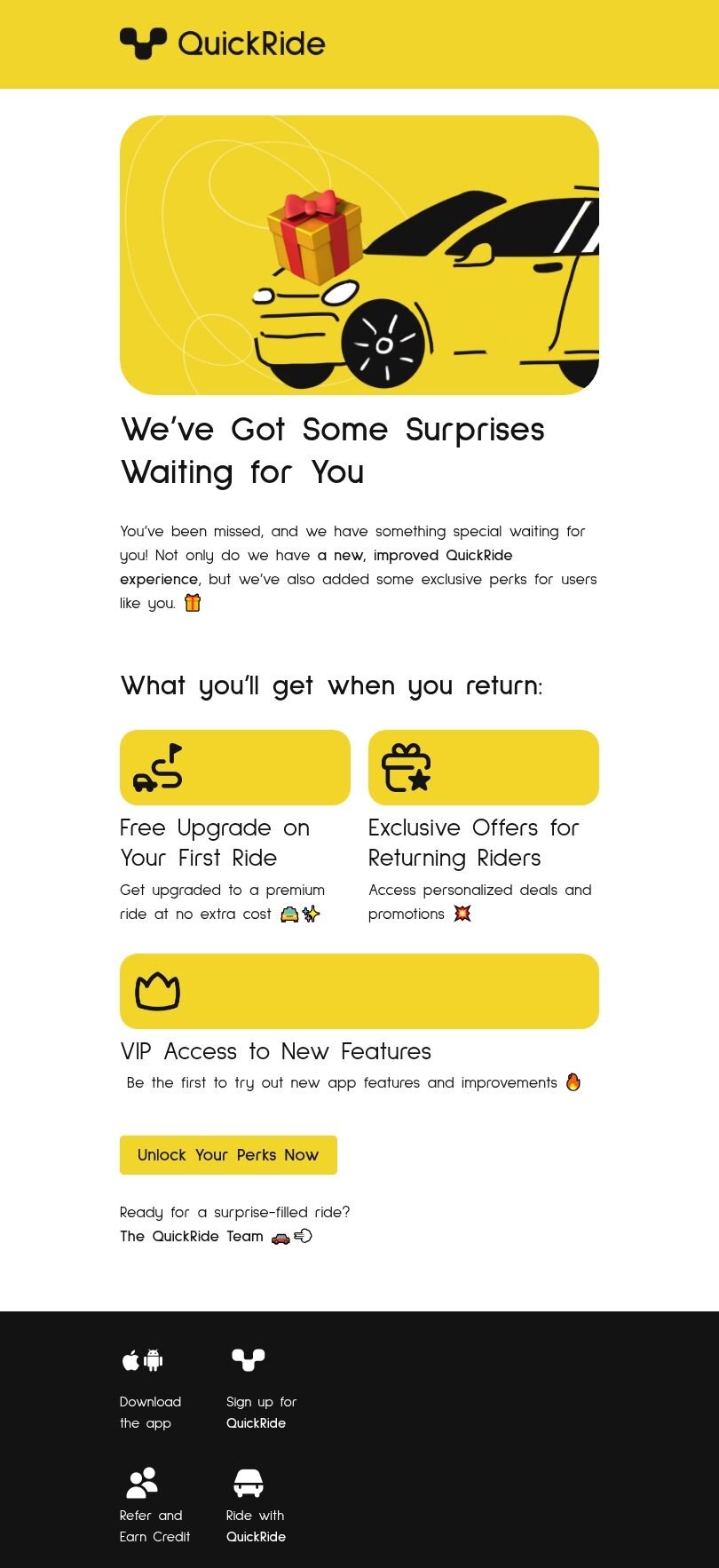 Recently lapsed subscriber outreach email template "Surprises waiting for you" for business industry mobile view