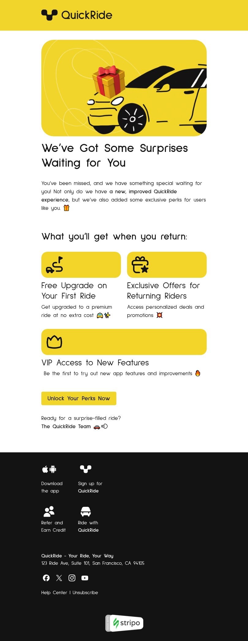Recently lapsed subscriber outreach email template "Surprises waiting for you" for business industry mobile view