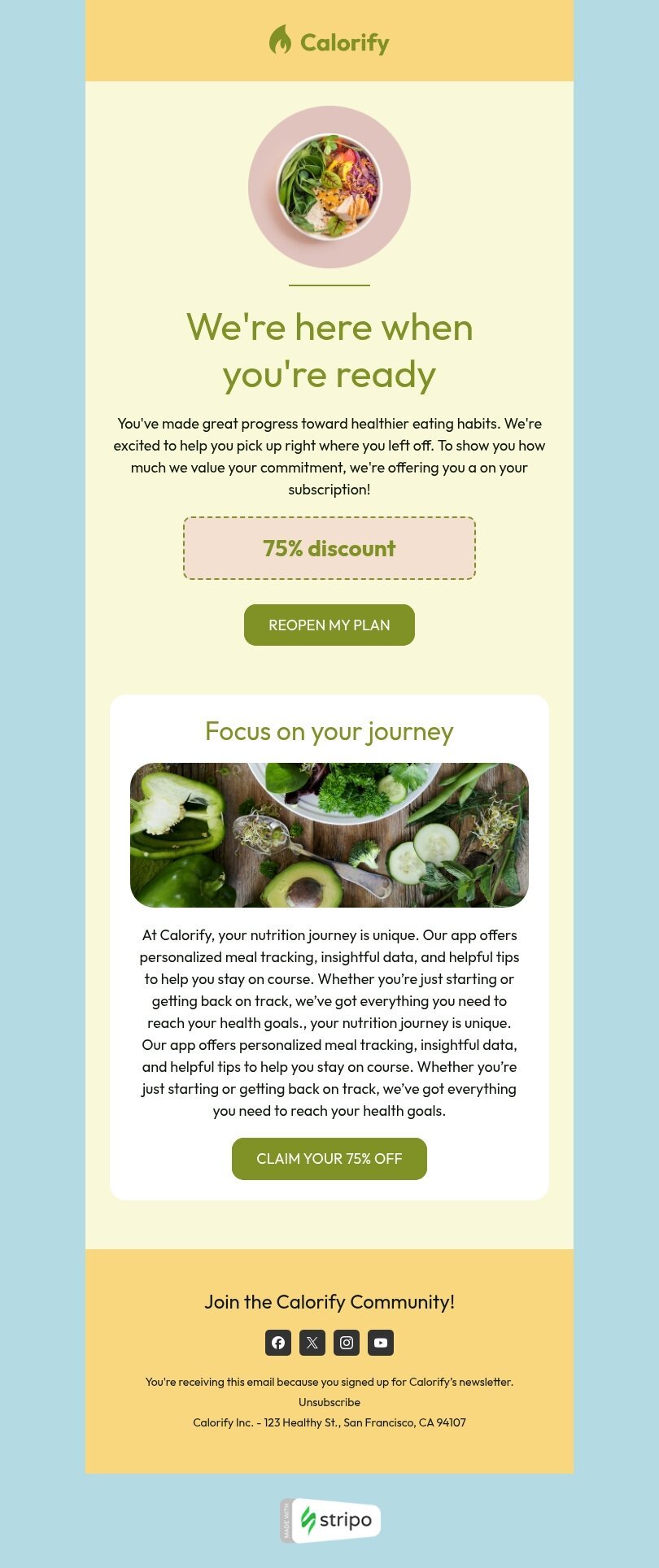 Recently lapsed subscriber outreach email template "Get back on track" for sports industry desktop view