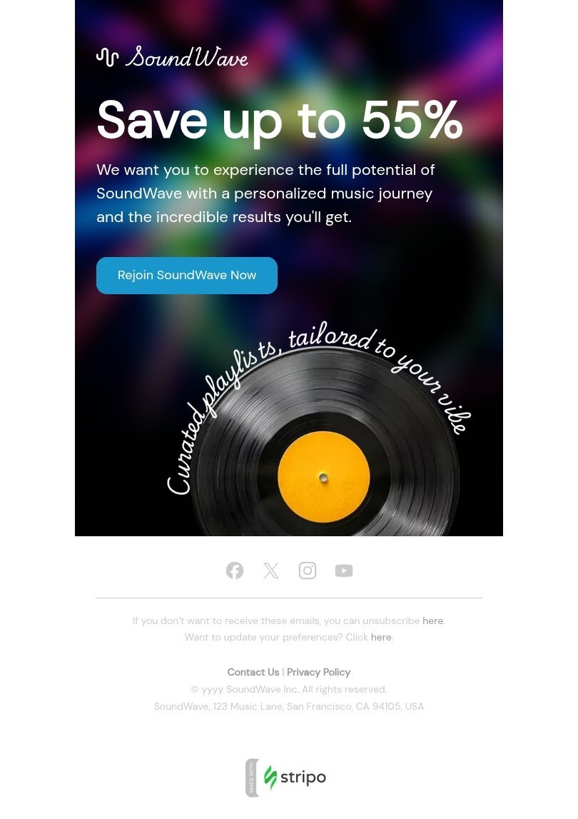 Modello email contatto con gli abbonati recentemente scaduto «Ravviva la tua esperienza musicale» per il settore industriale di musica Visualizzazione desktop