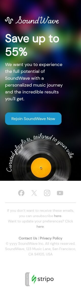 Modello email contatto con gli abbonati recentemente scaduto «Ravviva la tua esperienza musicale» per il settore industriale di musica Visualizzazione mobile
