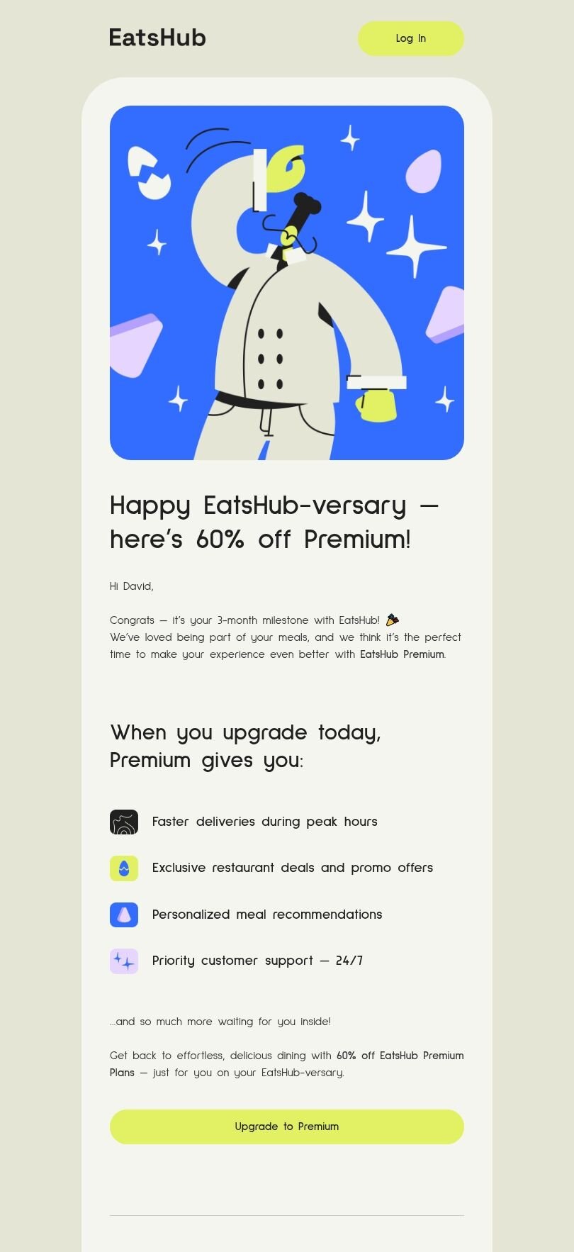 Freemium to Premium E-Mail-Vorlage «Leckere Neuigkeiten» für Mobile Anwendungen-Branche Ansicht auf Mobilgeräten