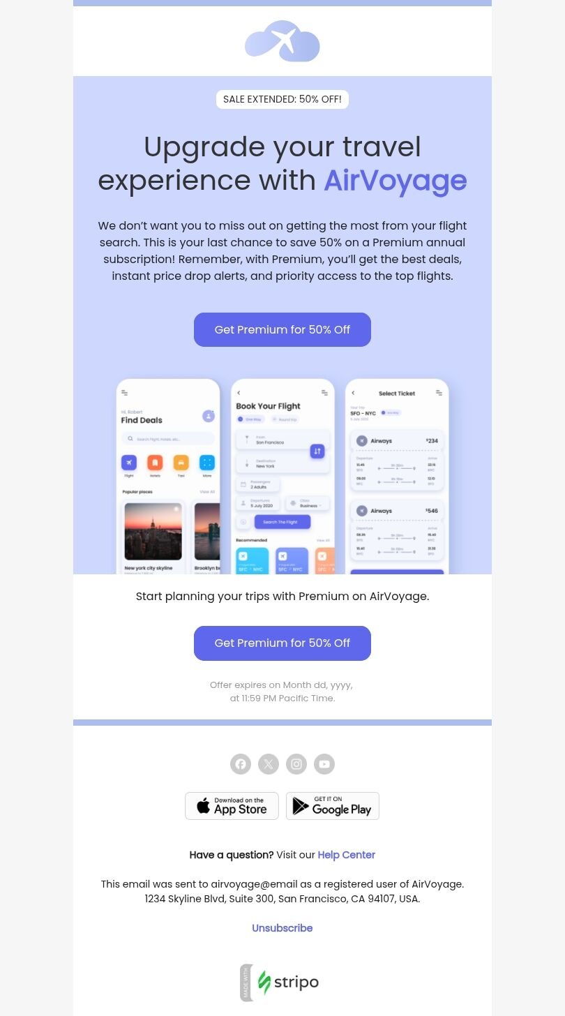 Freemium to Premium E-Mail-Vorlage «Verpasse nicht deine Chance» für Mobile Anwendungen-Branche Ansicht auf Mobilgeräten