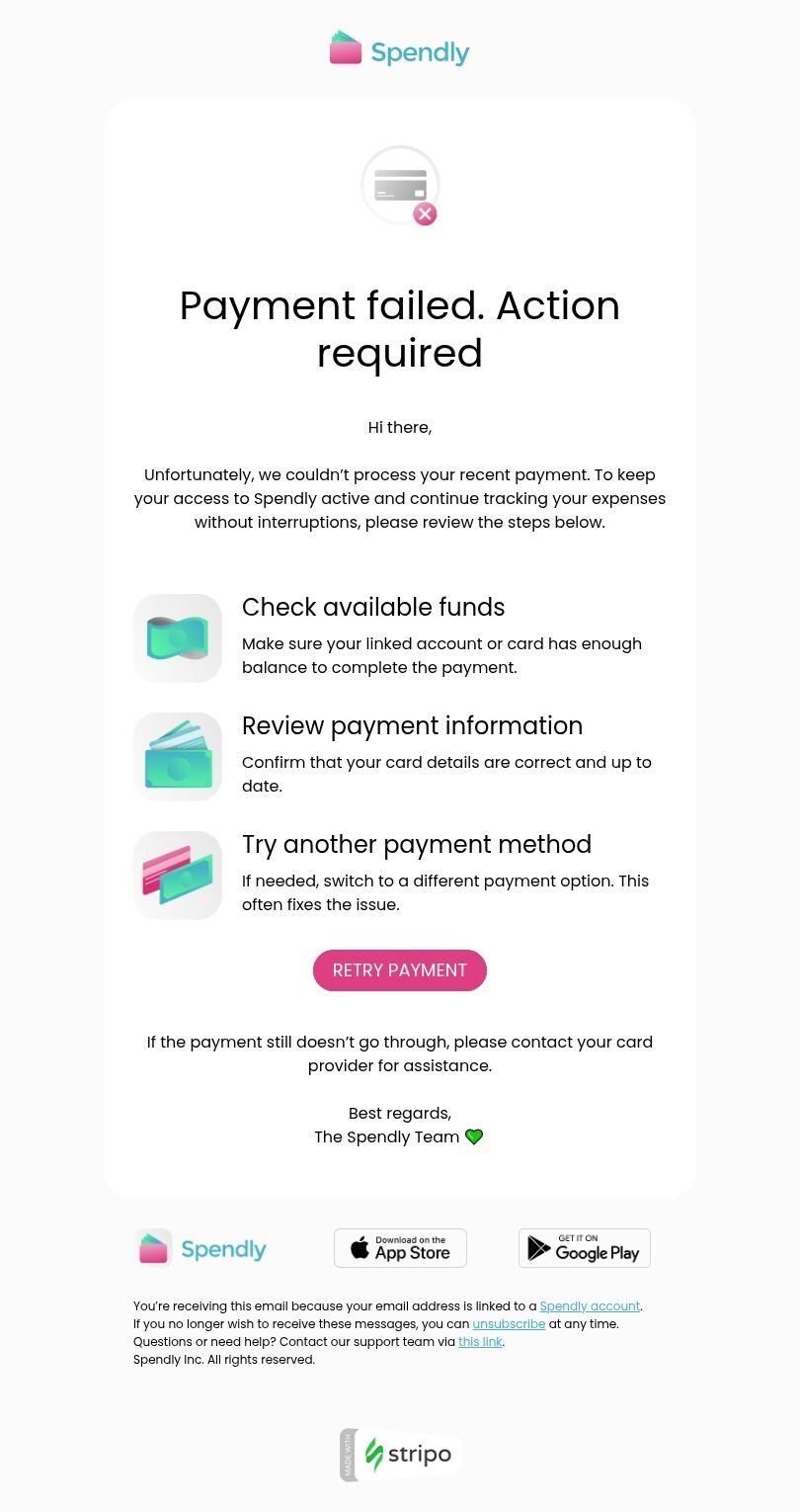 Plantilla de correo electrónico «Pago fallido» de transacción rechazada para la industria de finanzas Vista de móvil