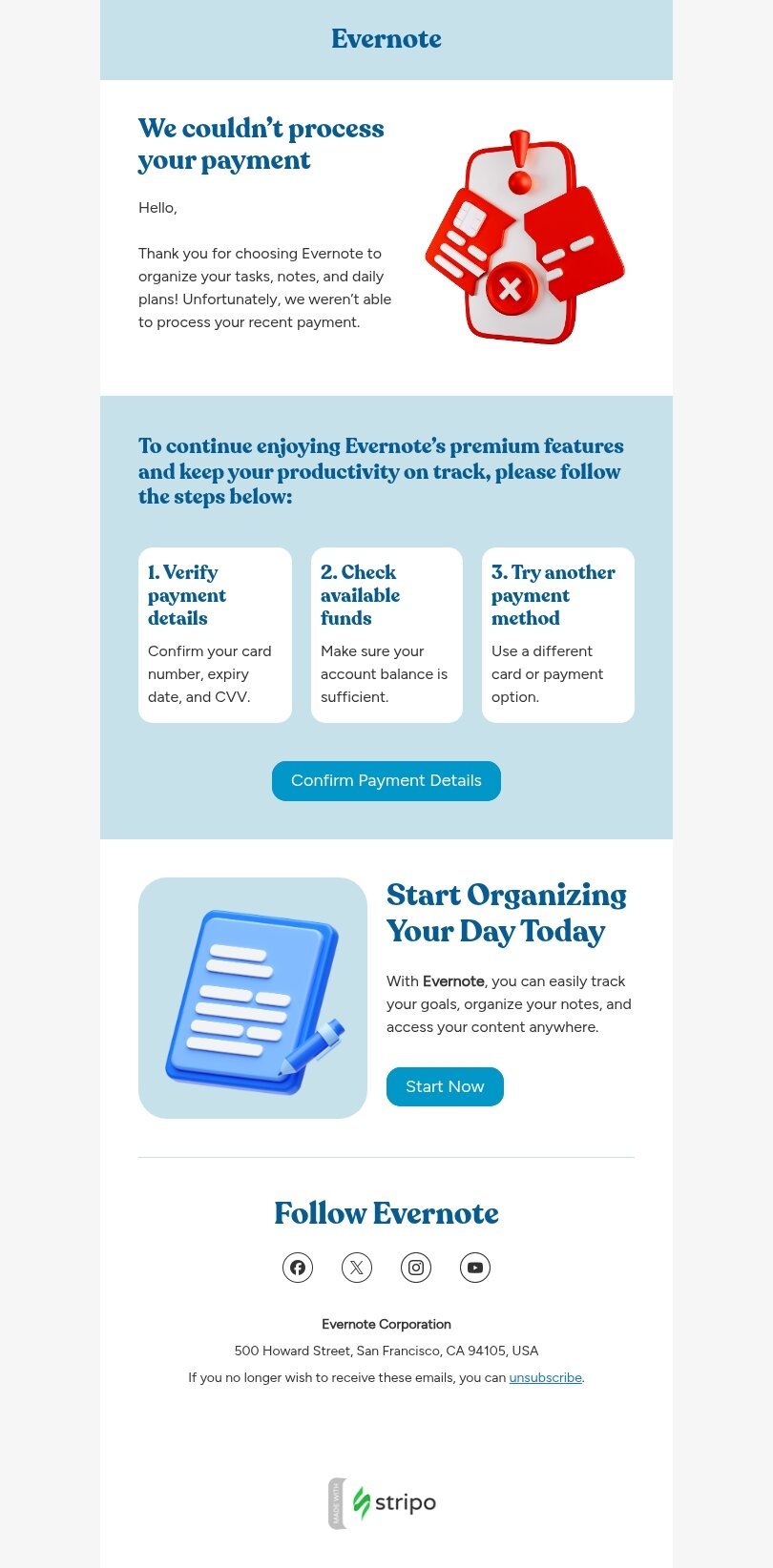 Modelo de e-mail de «Verifique os detalhes do pagamento» de transação recusada para a indústria de software e tecnologia Visualização de dispositivo móvel